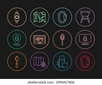 Set line Carabiner, Location of the forest, Gps device with map, Kayak canoe, Burning match fire and  icon. Vector