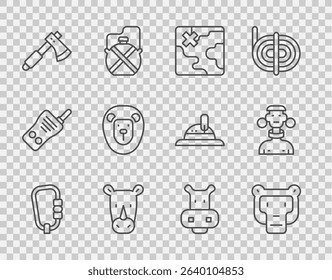 Set line Carabiner, Monkey, Africa safari map, Rhinoceros, Wooden axe, Wild lion, Hippo or Hippopotamus and African tribe male icon. Vector