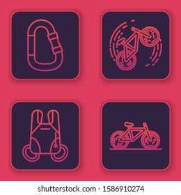 Set line Carabiner, Parachute, Bicycle trick and Bicycle. Blue square button. Vector