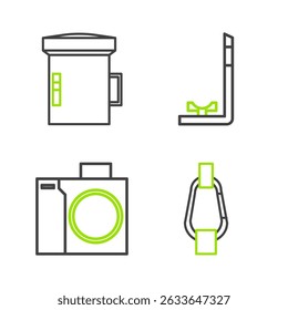 Set line Carabiner, Photo camera for diver, Snorkel and Big flashlight icon. Vector