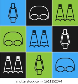 Set line Carabiner, Rubber flippers for swimming and Glasses and cap for swimming icon. Vector