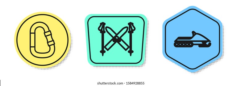 Set line Carabiner, Ski and sticks and Snowmobile. Colored shapes. Vector