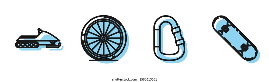 Set line Carabiner, Snowmobile, Bicycle wheel and Skateboard trick icon. Vector