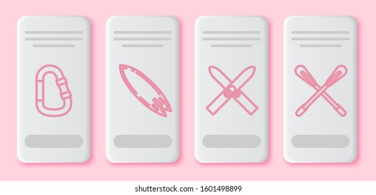 Set line Carabiner, Surfboard, Ski and sticks and Crossed paddle. White rectangle button. Vector