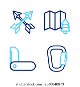 Set line Carabiner, Swiss army knife, Location of the forest and Crossed arrows icon. Vector