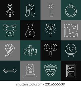 Colección de juego de la tarjeta de línea, Skull, mapa del tesoro pirata, llave antigua, bolsa de dinero, armadura corporal, personal mágico e icono. Vector