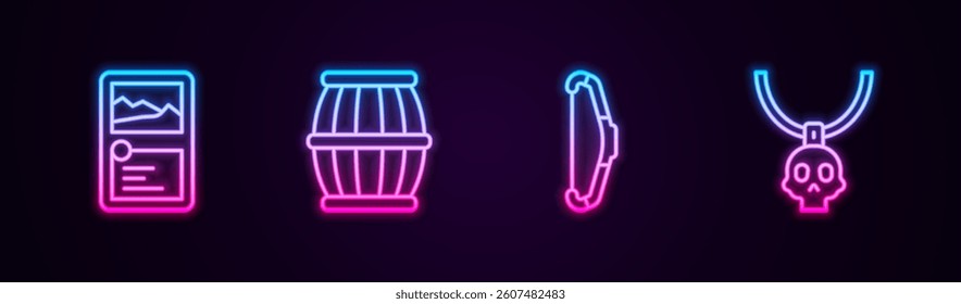 Set line Card game collection, Gun powder barrel, Medieval bow and Necklace amulet. Glowing neon icon. Vector
