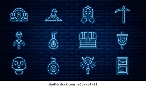 Set line Card game collection, Pirate flag, Medieval helmet, Lute, Magic staff, Ancient coin, Chest and Witch hat icon. Vector