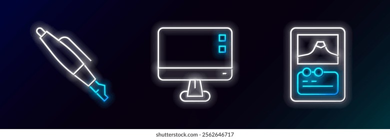 Set line Card game, Fountain pen nib and Computer monitor screen icon. Glowing neon. Vector