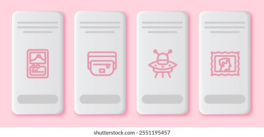 Set line Card game, Waist bag of banana, UFO flying spaceship and Postal stamp. White rectangle button. Vector