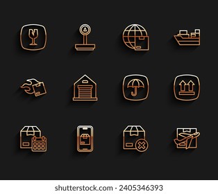 Set line Cardboard box with calendar, Mobile app delivery tracking, Fragile broken glass, Carton cardboard, Plane and, Warehouse, This side up and Delivery package umbrella icon. Vector