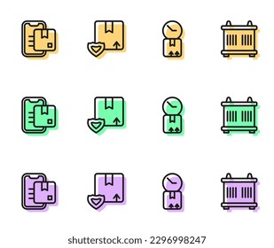 Ajuste la caja de cartón de línea con el reloj, el marcador de seguimiento del documento, la pantalla de seguridad de entrega y el icono del contenedor. Vector