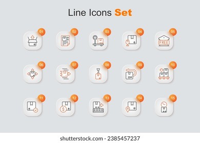 Set line Cardboard box with clock, Location cardboard, Conveyor belt, Carton, boxes pallet, Return and Crane icon. Vector