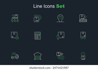 Set line Caja de cartón con reloj, Cartón de impuestos, Almacén, Camión de carga de entrega, símbolo de tráfico, Contenido frágil del paquete, Calculadora e icono de cartón. Vector