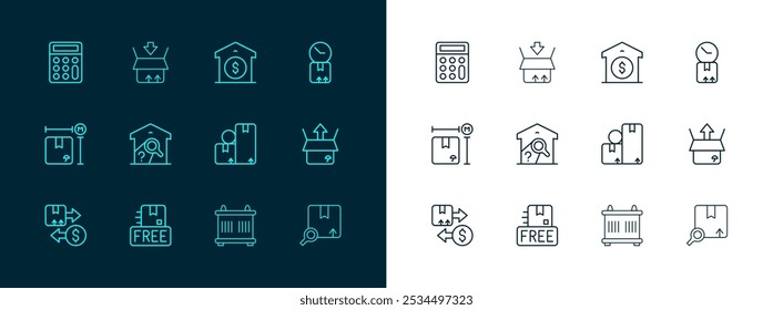 Set line Cardboard box with clock, free symbol, Carton cardboard, Container, Warehouse check, price, Calculator and  icon. Vector