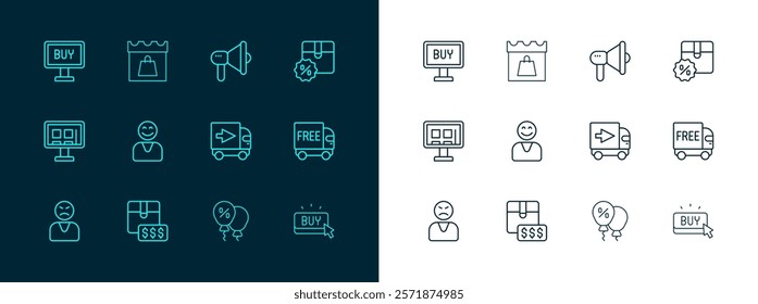 Set line Cardboard box with discount, Item price tag dollar, Delivery cargo truck, Discount percent, Happy customer, Megaphone, Buy button and Shopping day icon. Vector