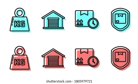 Establece la caja de cartón de línea y el tiempo rápido, la seguridad de peso, almacén y paquete de entrega con el icono de escudo. Vector