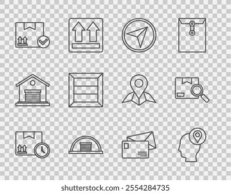 Set line Cardboard box and fast time, Delivery man with cardboard boxes, Infographic of city map navigation, Hangar, Package check mark, Wooden, Envelope and Search package icon. Vector