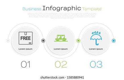 Set line Cardboard box with free symbol , Railway carriage  and Umbrella and rain drops . Business infographic template. Vector