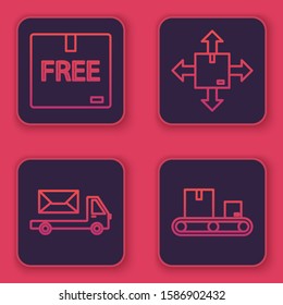 Set line Cardboard box with free symbol , Post truck , Cardboard box with traffic symbol and Conveyor belt with cardboard box . Blue square button. Vector