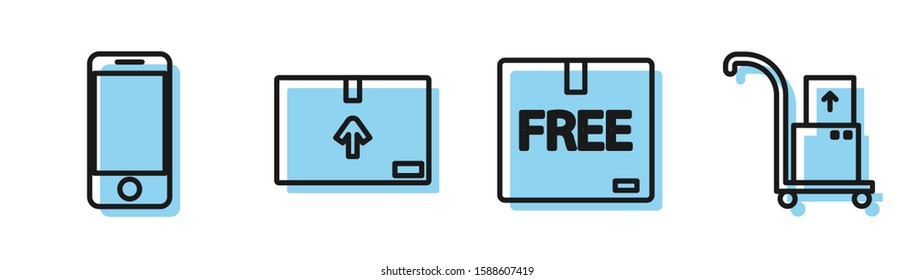 Set line Cardboard box with free symbol , Mobile phone with app delivery tracking, Cardboard box with traffic symbol  and Hand truck and boxes  icon. Vector