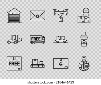 Set line Cardboard box with free symbol, Delivery drone the package, Conveyor belt cardboard, Closed warehouse, Free delivery service, traffic and Coffee cup icon. Vector