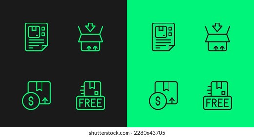 Set line Cardboard box with free symbol, Carton cardboard, Waybill and  icon. Vector