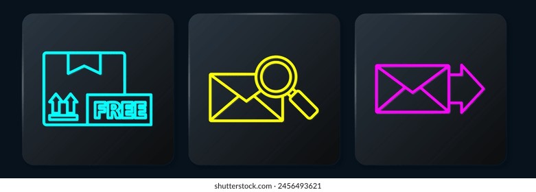 Set line Cardboard box with free symbol, Envelope and Envelope with magnifying glass. Black square button. Vector