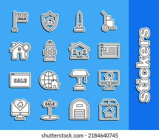 Set line Cardboard box with house, Computer monitor smart home, Hanging sign text Online Sale, Washington monument, Fire hydrant, Search,  and House icon. Vector