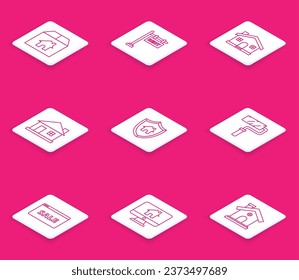 Set line Cardboard box with house, Hanging sign text Rent, House, shield, Paint roller brush, Online Sale and Computer monitor smart home icon. Vector