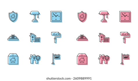 Set line Cardboard box with house, House shield, Hanging sign text Rent, Paint roller brush, Swimming pool ladder and Table lamp icon. Vector