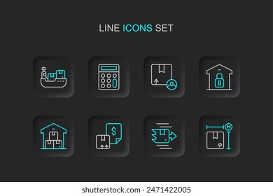 Set line Cardboard box measurement, Carton cardboard, Waybill, Full warehouse, Closed, Calculator and Cargo ship with boxes delivery icon. Vector