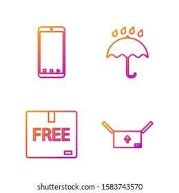 Set line Cardboard box with traffic symbol , Cardboard box with free symbol , Mobile phone with app delivery tracking and Umbrella and rain drops . Gradient color icons. Vector