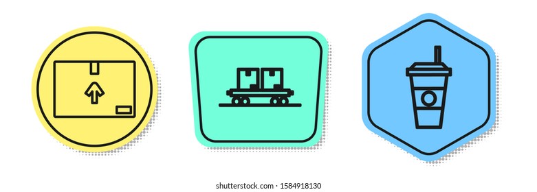 Set line Cardboard box with traffic symbol , Railway carriage  and Coffee cup . Colored shapes. Vector