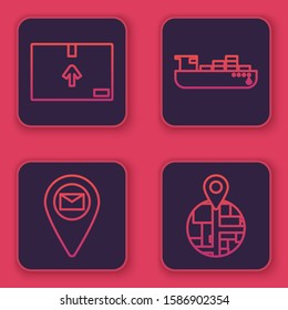 Set line Cardboard box with traffic symbol , Placeholder on map paper, Cargo ship with boxes delivery service  and Placeholder on map paper in perspective . Blue square button. Vector