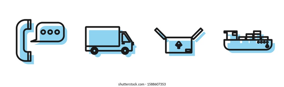Set line Cardboard box with traffic symbol , Telephone with speech bubble chat , Delivery cargo truck vehicle  and Cargo ship with boxes delivery service  icon. Vector