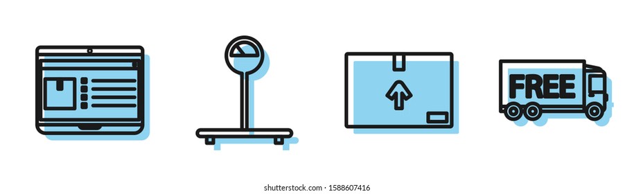 Set line Cardboard box with traffic symbol , Laptop with app delivery tracking , Scale  and Free delivery service  icon. Vector