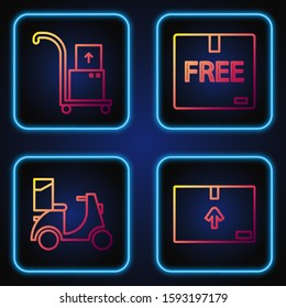 Set line Cardboard box with traffic symbol , Scooter delivery , Hand truck and boxes  and Cardboard box with free symbol . Gradient color icons. Vector