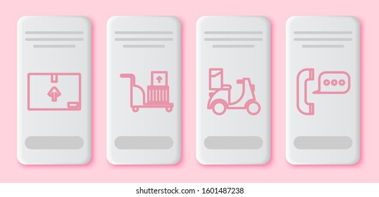 Set line Cardboard box with traffic symbol , Electric hand truck and boxes , Scooter delivery  and Telephone with speech bubble chat . White rectangle button. Vector
