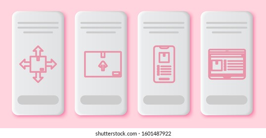Set line Cardboard box with traffic symbol, Cardboard box with traffic symbol , Mobile phone with app delivery tracking  and Laptop with app delivery tracking . White rectangle button. Vector