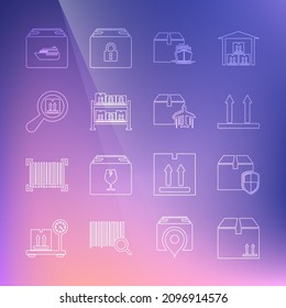 Establecer la caja de cartón de línea con el tráfico, el escudo de seguridad de entrega, Este lado arriba, las cajas de cargo, el almacén, el paquete de búsqueda y el icono Plano y cartón. Vector