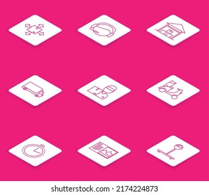 Set line Cardboard box with traffic symbol, Support operator in touch, Warehouse, Delivery cargo truck vehicle, man cardboard boxes, Scooter delivery, Stopwatch and Postcard icon. Vector