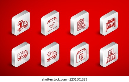 Active la casilla de cartón de línea con el tráfico, marca de verificación del paquete, lista de verificación de entrega, almacén, escudo de seguridad de entrega, regalo de camión, seguimiento e icono. Vector