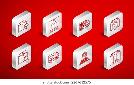 Set line Cardboard box with traffic, Free delivery service, Location cardboard, Placeholder map, Delivery package umbrella, truck check mark and Search icon. Vector