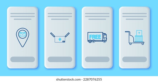 Set line Cardboard box with traffic symbol, Free delivery service, Placeholder on map paper and Electric hand truck and boxes icon. Vector