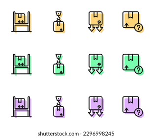 Set line Cardboard box with traffic symbol, Warehouse interior boxes, Crane cardboard and Carton icon. Vector