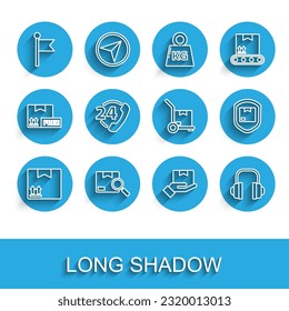 Set line Cardboard box with traffic symbol, Search package, Location marker, Delivery hand boxes, Headphones, Telephone 24 hours support, security shield and Hand truck icon. Vector