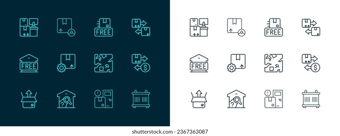 Set line Cardboard box with traffic symbol, Warehouse check, Broken cardboard, Home delivery services, Gear package, free, boxes and Carton icon. Vector
