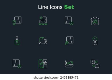 Set line Caja de cartón con símbolo de tráfico, entrega de cajas de buque de carga, almacén, cartón de cartón, reloj, paquete de búsqueda, camión de carga de entrega e icono de grúa. Vector