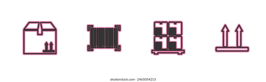 Set line Karton mit Verkehr, Boxen auf Palette, Barcode und Dieses Seite-Up-Symbol. Vektorgrafik